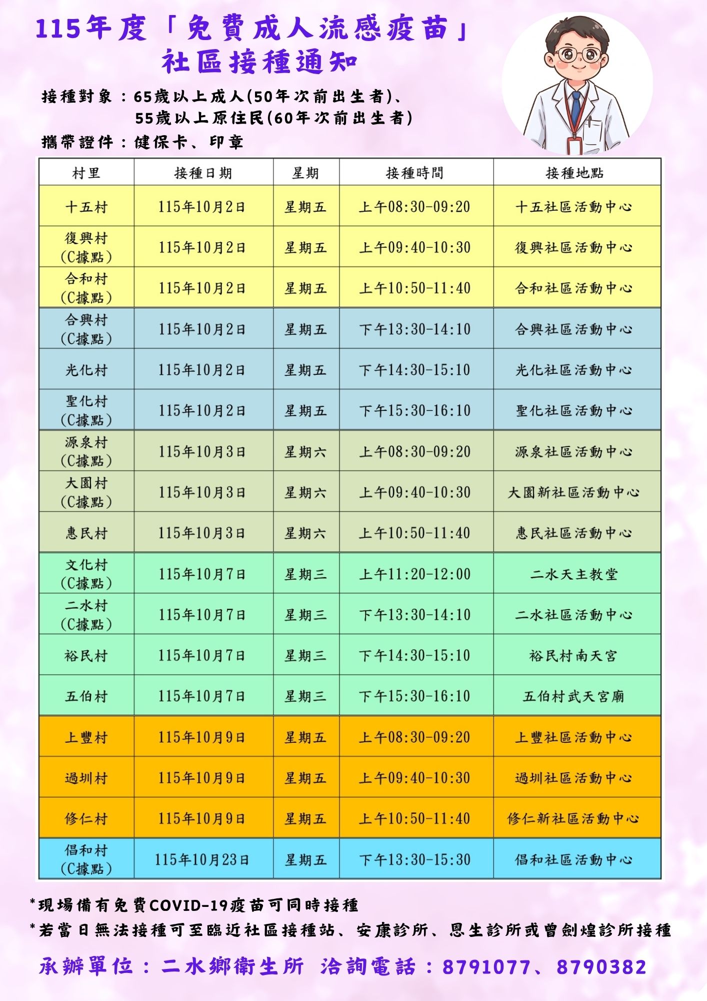 【健康宣導】115年度「免費成人流感疫苗」社區接種通知宣傳圖片