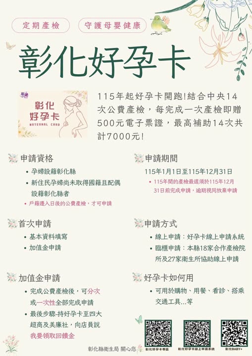 【活動資訊】彰化好孕卡｜產檢有補助，別忘了申請！