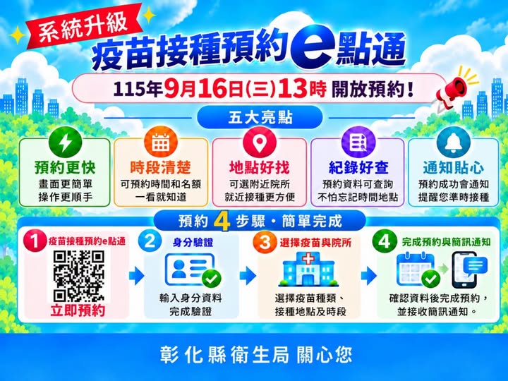 【健康宣導】彰化縣新版「疫苗接種預約 e 點通系統」升級完成啦~宣傳圖片